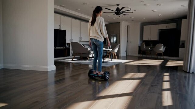 Young woman gliding smoothly on hoverboard across hardwood floor, enjoying modern apartment's natural light and spacious interior with relaxed, carefree movement
