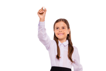 Close-up portrait of her she nice attractive diligent intelligent cheerful pre-teen girl student writing exercise task class work isolated over light white grey background