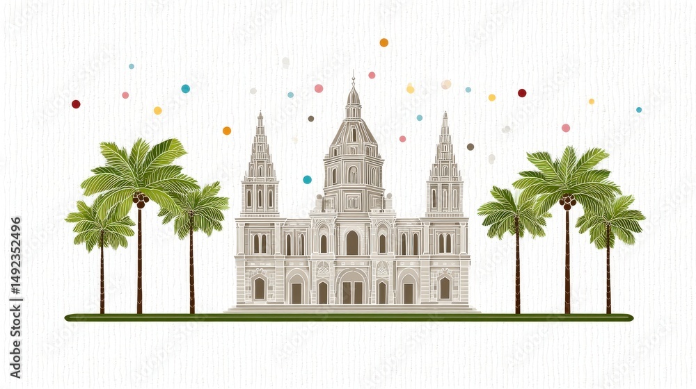 Poster artistic representation of a grand architectural structure surrounded by vibrant palm trees and colo