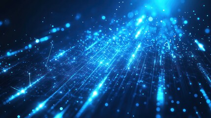 Fototapeta premium Blue digital particles streaming, dark background, technology, website banner
