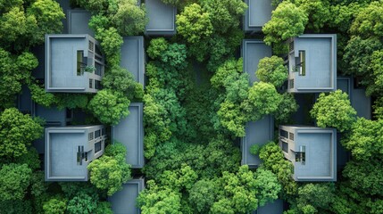 Aerial view of modern buildings surrounded by lush green trees in a serene landscape
