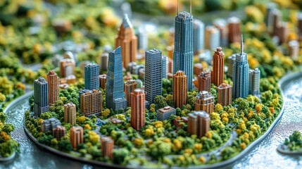 Detailed miniature model of a vibrant urban city landscape surrounded by lush greenery