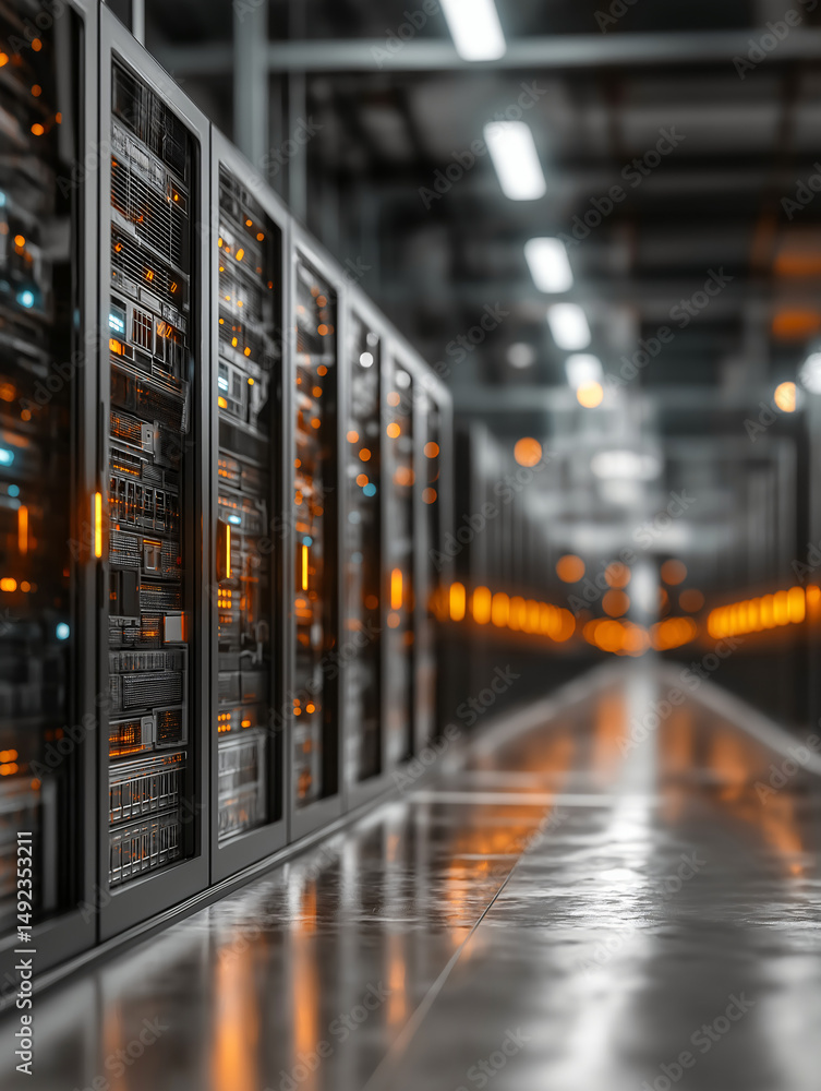 Poster modern data center hallway. abstract background for cloud computing and computer networking. server 