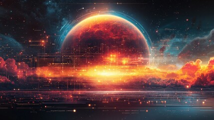 Vibrant digital cosmic landscape with celestial bodies and abstract data visualization