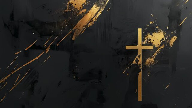 Golden cross on black and gold textured background. Abstract Christian background	