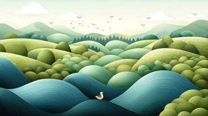Obraz premium A serene landscape with rolling hills, trees, and a bird in flight.