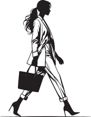 Silhouette of woman walking in blazer and trousers holding a tote bag in black and white