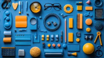 Colorful arrangement of office supplies on blue background featuring various shapes and textures