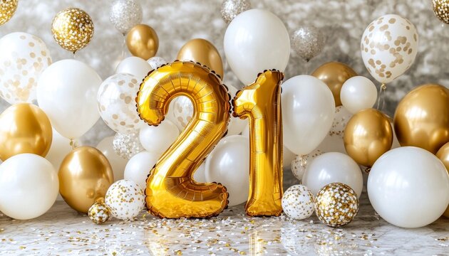 Celebrating Turning 21, Golden Party Decoration Number Balloons Confetti On A Shiny Background