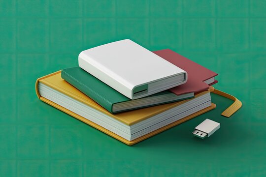 Stacked books and USB drive on a teal surface