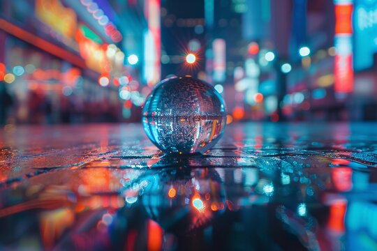 Macro of a Colorful Soap Bubble Reflecting an Urban City Environment with Blurred Background Varient 1 - Powered by Adobe