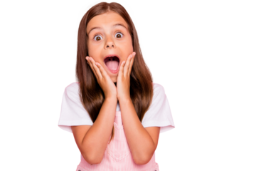 Photo of little cute lady holidays leisure time arms cheekbones yell crazy wear rose overall t-shirt isolated pink background