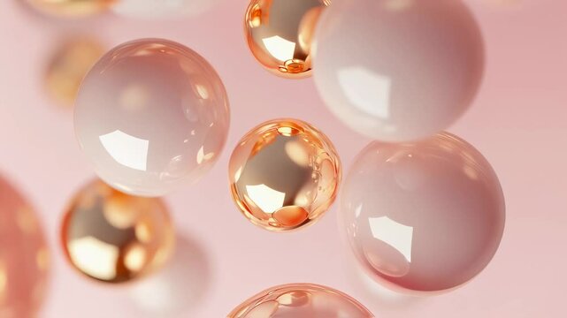 Abstract textured background with free falling 3D pearlescent golden pink balls