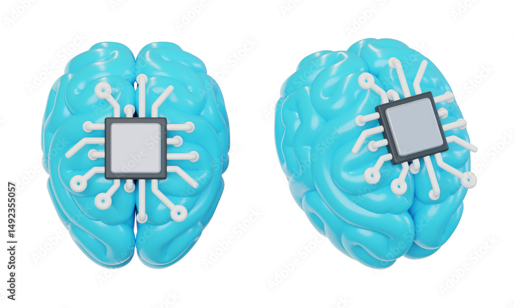 Aufkleber brain with artificial intelligence chip 3d icon