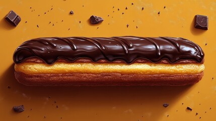 Delicious chocolate eclair on orange background with chocolate chunks
