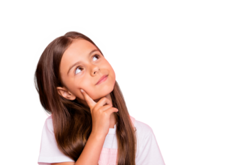 Closeup photo of small lady brown hair minded deep thinking curious interested wear overall t-shirt isolated pink background