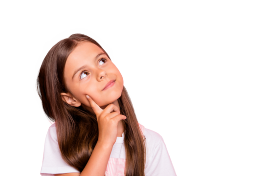 Closeup photo of small lady brown hair minded deep thinking curious interested wear overall t-shirt isolated pink background