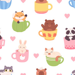 Funny animals in cups seamless pattern. Capybara bear bunny fox and cat smiling from cute mugs. Print design for fabric or wallpaper, vector background