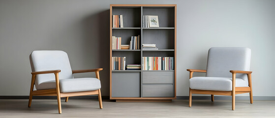 Modern Wooden Bookshelf With Armchairs In A Light Gray Room