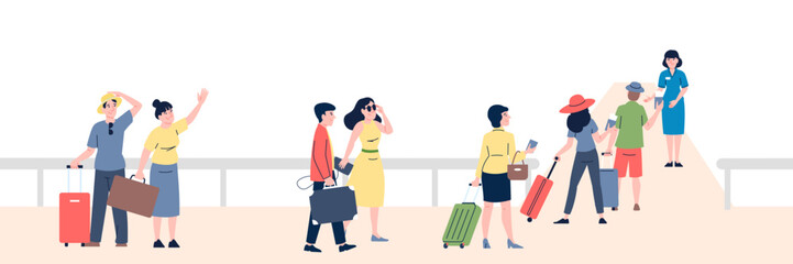 People with luggage go to passport and documents tickets control. Enter on ship, train or bus. Check in on cruise, waiting line tourists, vector element