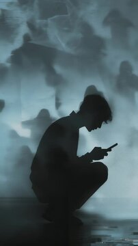 Lone silhouette crouching, deeply absorbed in smartphone screen while blurred ghostly figures drift ominously around, symbolizing digital disconnection and psychological isolation of modern youth