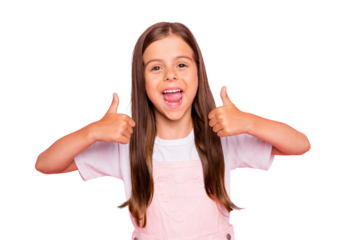 Closeup photo of small lady brown hair give expert mark great toys thumbs up wear overall t-shirt isolated pink background
