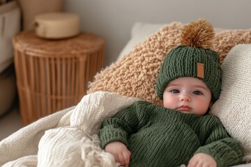 Adorable Baby in Cozy Sweater and Knitted Hat with Pom-Pom, Relaxing on Soft Blankets in Warm and Inviting Indoor Space, Perfect for Family and Child Photography