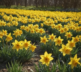 Fototapeta premium Sunlit field of vibrant yellow daffodils in full bloom , petals, golden petals, spring flowers