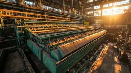 Industrial manufacturing equipment bathed in sunset light with textured surfaces
