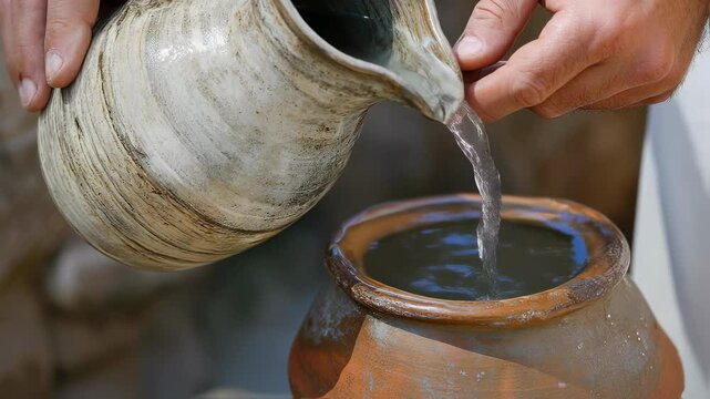 hands pour water from a clay jug into a clay vessel