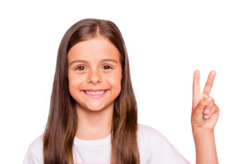 Closeup photo of small lady brown hair v-sign symbol hand say hi hello friends wear overall t-shirt isolated pink background