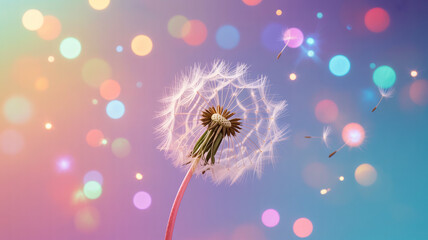 Dandelion seeds floating away pastel bokeh background