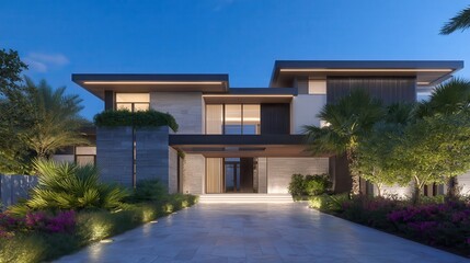 ultra-luxury modern tropical waterfront home in Miami, symmetrical two-story architecture, dramatic cantilevered volumes, warm natural stone and vertical wooden slats mixed with.