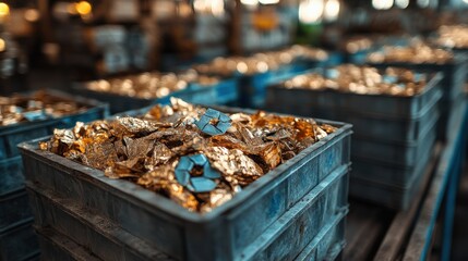 Close up view of filled crates with decorative gold foil in industrial setting