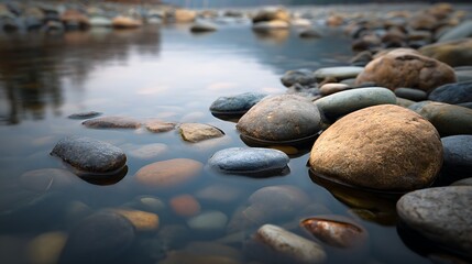 Smooth River Rocks with Muted Water Reflections .