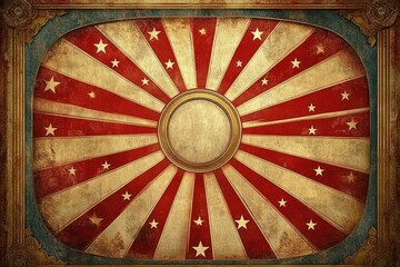 Vintage circus or carnival style background with red and off-white radial stripes and scattered stars in an ornate aged frame