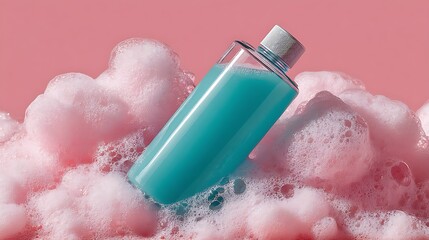 Fototapeta premium Teal Gel Cleanser Bottle with Pink Foam on Vibrant Background .