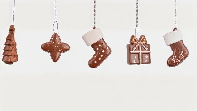 Set of chocolate Christmas tree decorations of different shapes hanging on a ribbon isolated on white background. Holiday decorative border