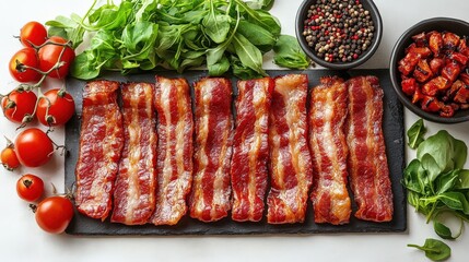 Freshly cooked bacon with colorful vegetables and herbs on a slate board