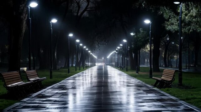 row of lamp posts in the night city park with rain 