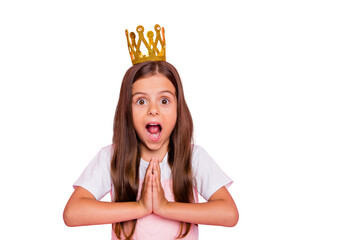 Closeup photo of little lady holiday time hands together open mouth coronation wear sun dress...