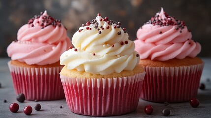 Colorful cupcakes with frosting and sprinkles on wooden surface