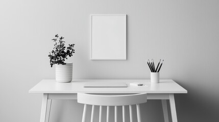 Minimalist workspace with a white desk, potted plant, blank poster frame, and stationery on an elegant background
