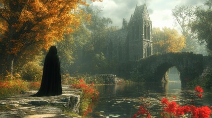 Mysterious figure in a cloak gazes at an ancient stone church by a tranquil river in autumn