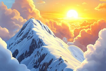 Majestic mountain peak at sunrise.  Clouds surround the summit