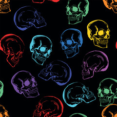 Vector abstract bright pattern in punk style. Seamless pattern consisting of neon skulls on a dark background is suitable for printing and will decorate any project.