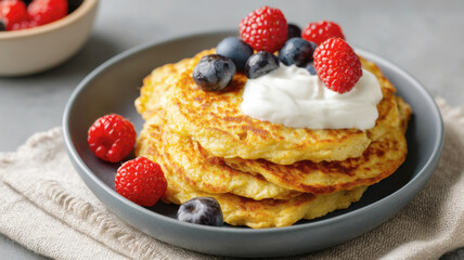 Golden pancakes topped with fresh raspberries, blueberries, and a dollop of cream, served on a dark plate.