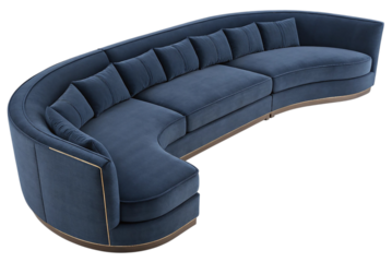 Top view of navy blue curved modular sofa isolated on white background.