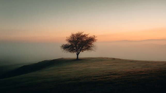 Solitary Tree on Grassy Hilltop at Sunrise with Fog . - Powered by Adobe