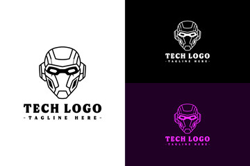 vector illustration of thin line robot face with eyes, minimal, logo for deep learning, data center, artificial intelligence, automation, internet of things, information technology, tech, and more